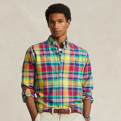 Shop Ralph Lauren Classic Fit Plaid Oxford Shirt In Yellow/red Multi