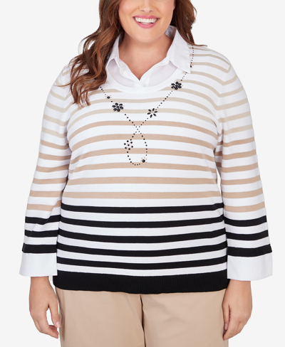 Shop Alfred Dunner Plus Size Neutral Territory Collar Trimmed Embellished Stripe Two In One Sweater In Multi