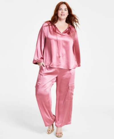 Shop Michael Kors Micheal Kors Plus Size Chain Neck Kimono Sleeve Top Satin Cargo Pants In Dusty Rose
