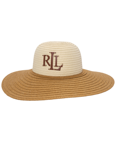 Shop Lauren Ralph Lauren Leather Logo With Woven Sun Hat In Natural,dark Natural