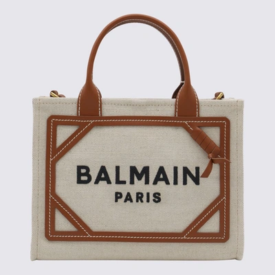 Shop Balmain Beige Canvas And Brown Leather Handle Bag In Natural/brown