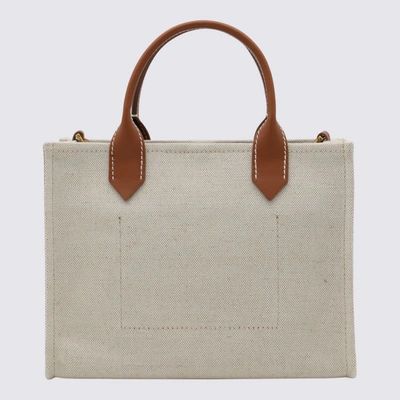 Shop Balmain Beige Canvas And Brown Leather Handle Bag In Natural/brown