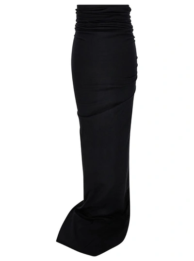 Shop Rick Owens Maxi Black Skirt With Gatherings And Deep Split In Cotton Woman