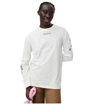 Shop Ganni Off-white Long-sleeved T-shirt