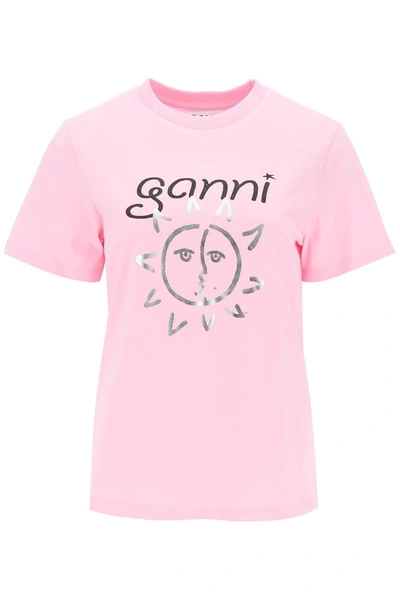Shop Ganni Crew-neck T-shirt With Print In Pink