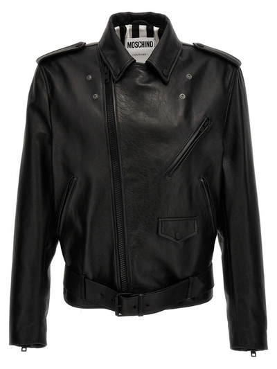 Shop Moschino 'in Love We Trust' Leather Jacket In Black