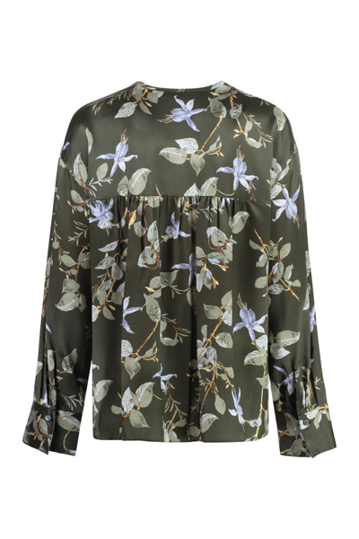 Shop Vince Printed Silk Blouse In Green