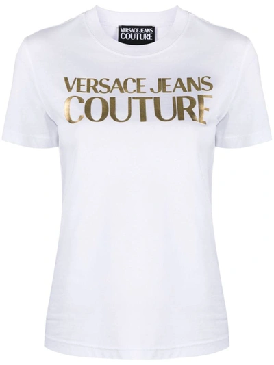 Shop Versace Jeans Couture T-shirt With Logo In Bianco E Oro