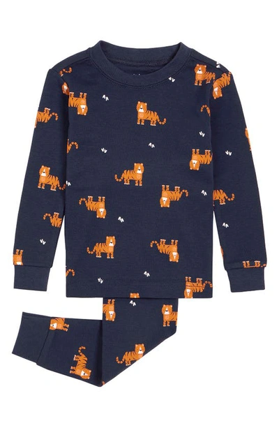 Shop Firsts By Petit Lem Tiger Print Fitted Two-piece Organic Cotton Pajamas In 604 Navy