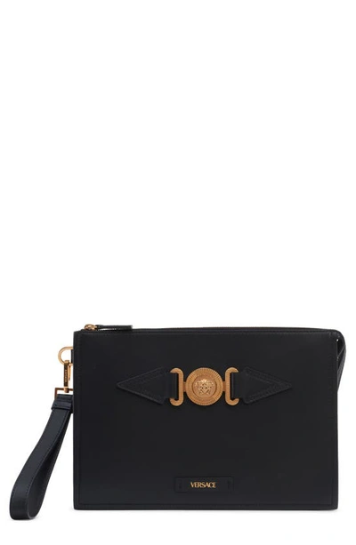 Shop Versace Small Medusa Calfskin Leather Zip Pouch In Black  Gold