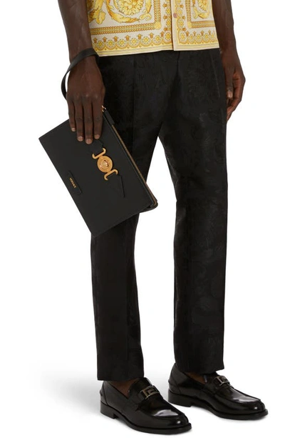 Shop Versace Small Medusa Calfskin Leather Zip Pouch In Black  Gold