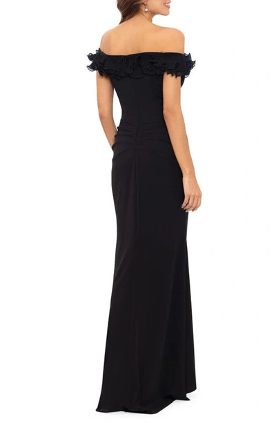 Xscape Women's Scuba-crepe Ruffled Off-the-shoulder Fit & Flare Gown In Black