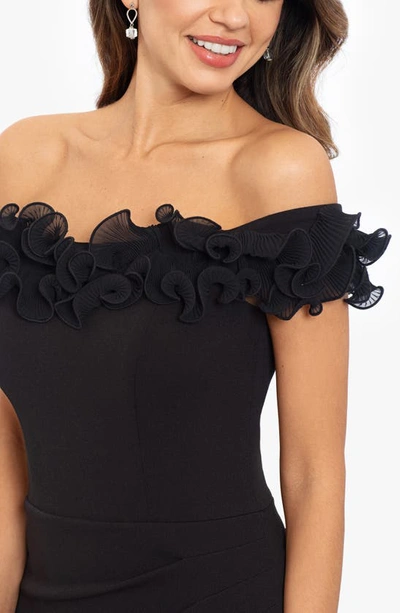Xscape Women's Scuba-crepe Ruffled Off-the-shoulder Fit & Flare Gown In Black