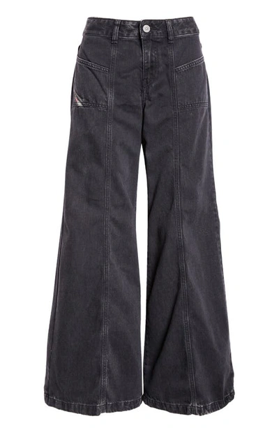 Shop Diesel Akii Wide Leg Jeans In Black/ Denim
