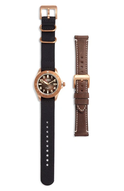 Shop Shinola Bronze Monster Gmt Automatic Leather & Webbing Strap Watch, 40mm In Dark Brown