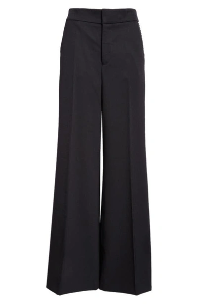 Shop Area Crystal Embellished Stretch Wool Wide Leg Trousers In Black
