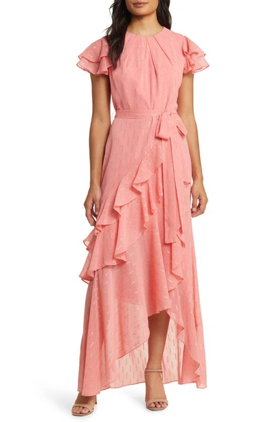 Shop Eliza J Metallic Ruffle Fil Coupé High-low Maxi Dress In Rose