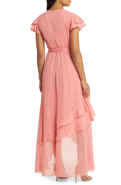 Shop Eliza J Metallic Ruffle Fil Coupé High-low Maxi Dress In Rose