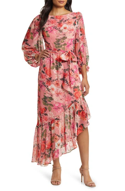 Shop Eliza J Floral Balloon Sleeve Asymmetric Maxi Dress In Rose