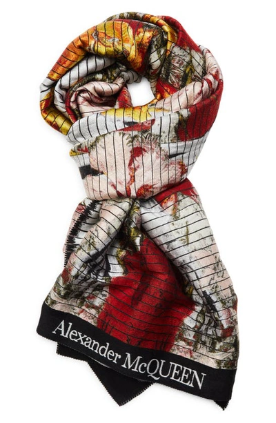 Shop Alexander Mcqueen Floral Skeleton Wool & Silk Scarf In Ivory/ Red