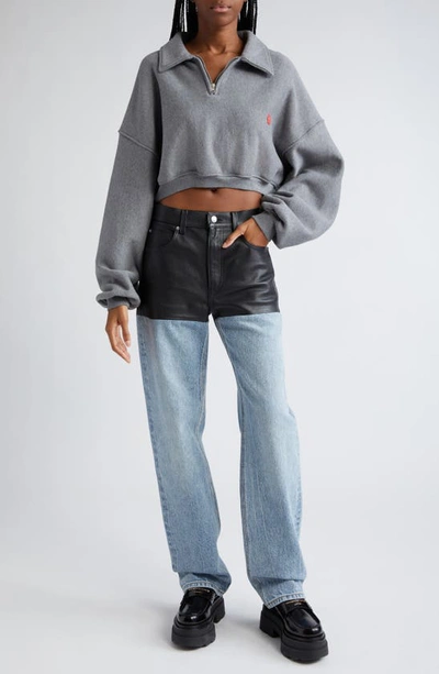 Shop Alexander Wang Leather & Denim Five-pocket Straight Leg Pants In Vintage Faded Indigo