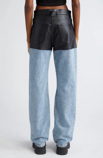 Shop Alexander Wang Leather & Denim Five-pocket Straight Leg Pants In Vintage Faded Indigo