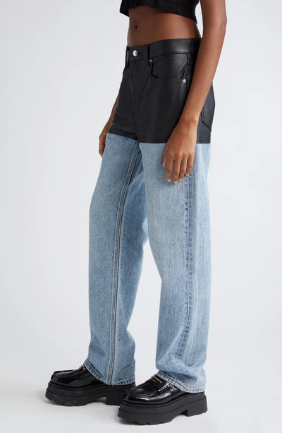 Shop Alexander Wang Leather & Denim Five-pocket Straight Leg Pants In Vintage Faded Indigo