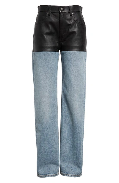 Shop Alexander Wang Leather & Denim Five-pocket Straight Leg Pants In Vintage Faded Indigo