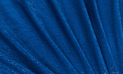 Shop Tadashi Shoji Ruched Metallic Three-quarter Sleeve Gown In Pacific Blue