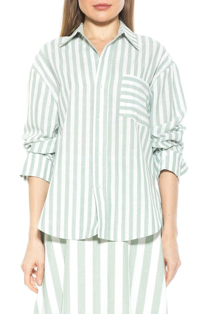 Shop Alexia Admor Tammi Oversize Stripe Boyfriend Button-up Shirt In Green Stripe