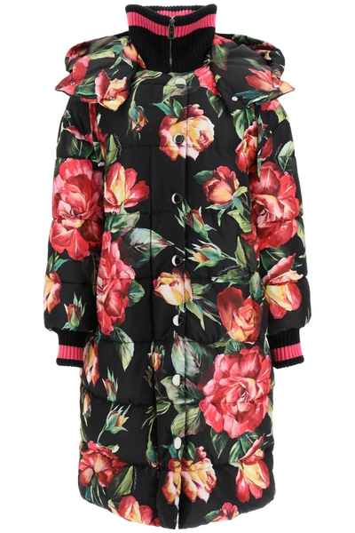 Shop Dolce & Gabbana Rose Print Long Puffer Jacket In Black, Pink, Green