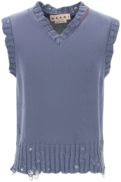 Shop Marni Destroyed Effect Vest In Cotton In Light Blue, Grey