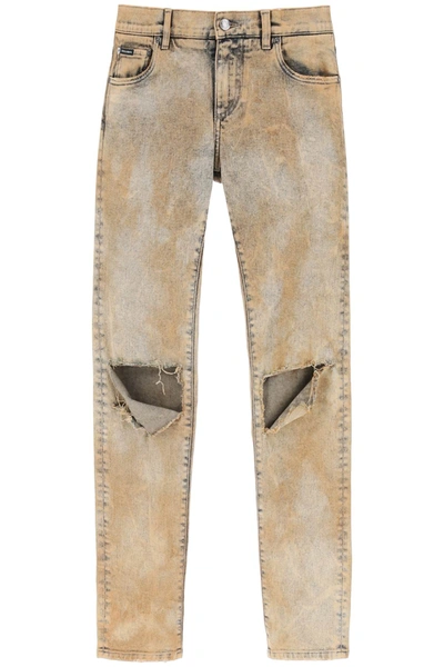 Shop Dolce & Gabbana Skinny Jeans In Overdyed Denim In Beige