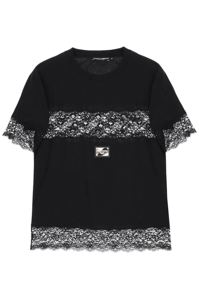 Shop Dolce & Gabbana T Shirt With Lace Inserts In Black