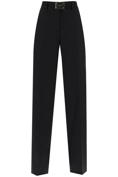 Shop Dolce & Gabbana Flannel Trousers With Logo Tag In Black