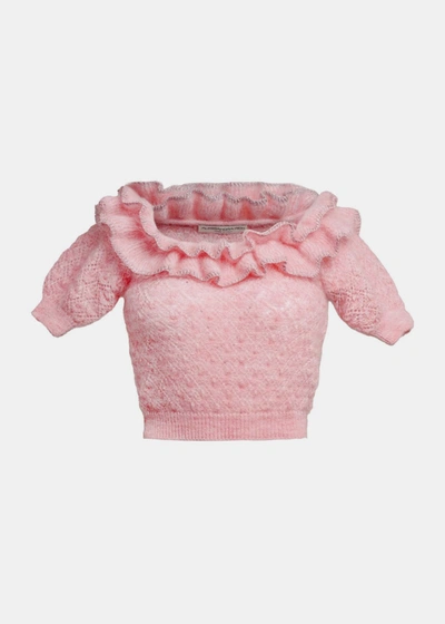 Shop Alessandra Rich Pink Mohair Lace Knit Off Shoulder Top