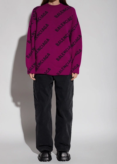Shop Balenciaga Purple All Over Logo Sweater In Purple/black