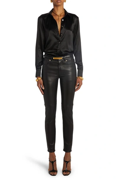 Tom Ford Button Up Silk Satin Shirt In Black