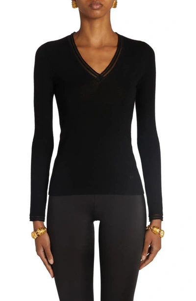 Shop Tom Ford Open Stitch V-neck Cashmere & Silk Blend Sweater In Black