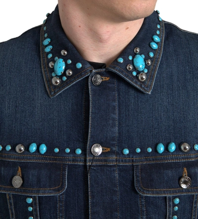 Shop Dolce & Gabbana Embellished Turquoise Denim Men's Jacket In Blue