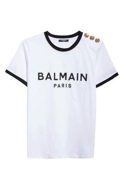 Shop Balmain Three-button Cotton Logo Graphic T-shirt In Gab White/ Black