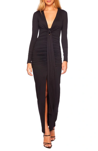 Shop Susana Monaco Plunge Neck Long Sleeve Body-con Dress In Black