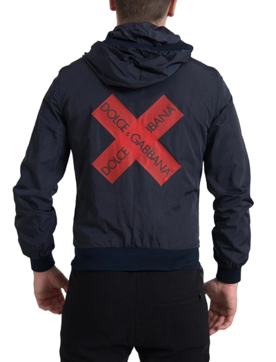 Shop Dolce & Gabbana Blue Hooded Logo Polyester Full Zip Men's Sweater