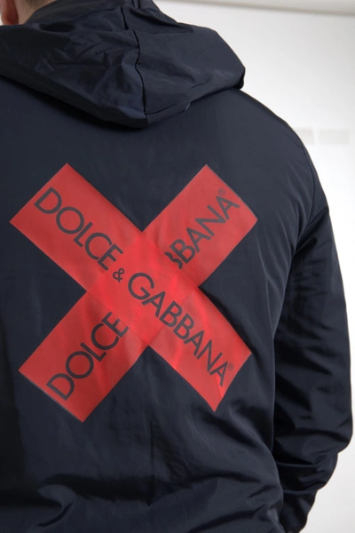 Shop Dolce & Gabbana Blue Hooded Logo Polyester Full Zip Men's Sweater