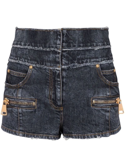 Balmain Denim High Waist Shorts With Front Zip Pockets In Gray