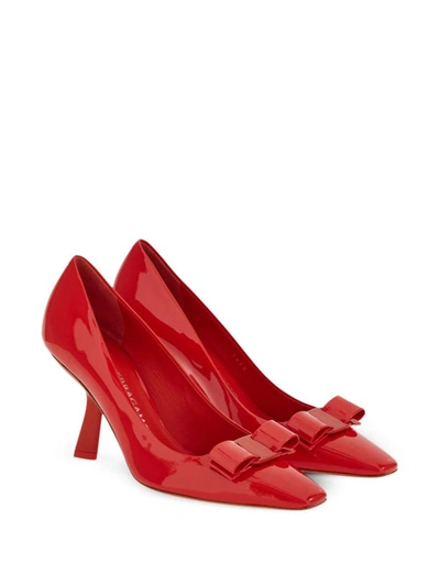 Ferragamo Pointed Toe Kitten Heel Pumps With Bow Detailing In Flame Red