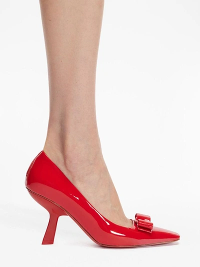 Ferragamo Pointed Toe Kitten Heel Pumps With Bow Detailing In Flame Red