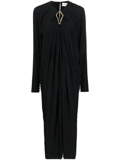 Lanvin Midi Cut-out Dress With V-neck And Long Sleeves In Black