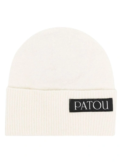 Patou Textured Knit Logo Patch Beanie In White