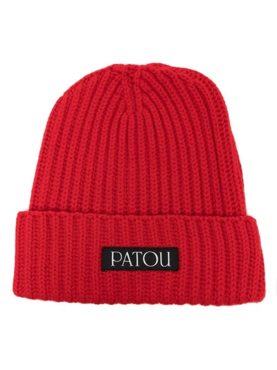 Patou Logo-patch Ribbed Beanie In Red